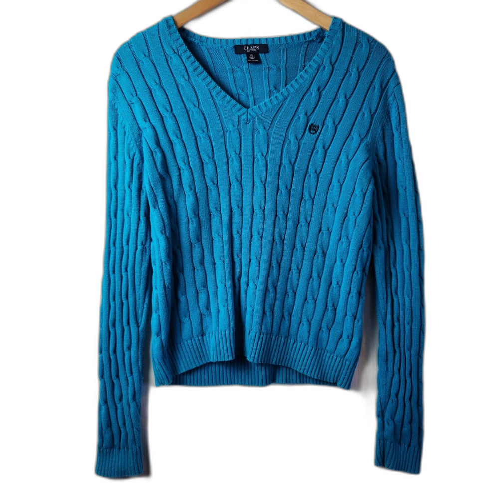 Chaps Womens Turquoise 100% Cotton Cable Knit V Neck Sweater Size XL